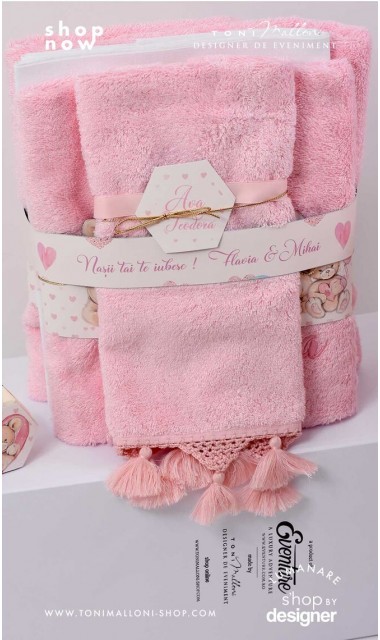 Trusou de botez cu ursuleti roz si inimioare Teddy Bear Pink Hearts 2